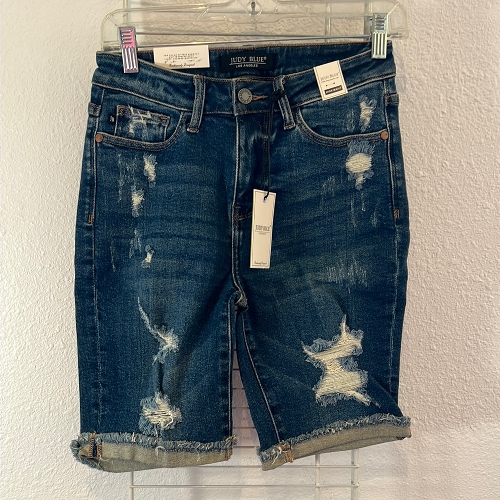Judy Blue Dark Wash Distressed Denim Shorts